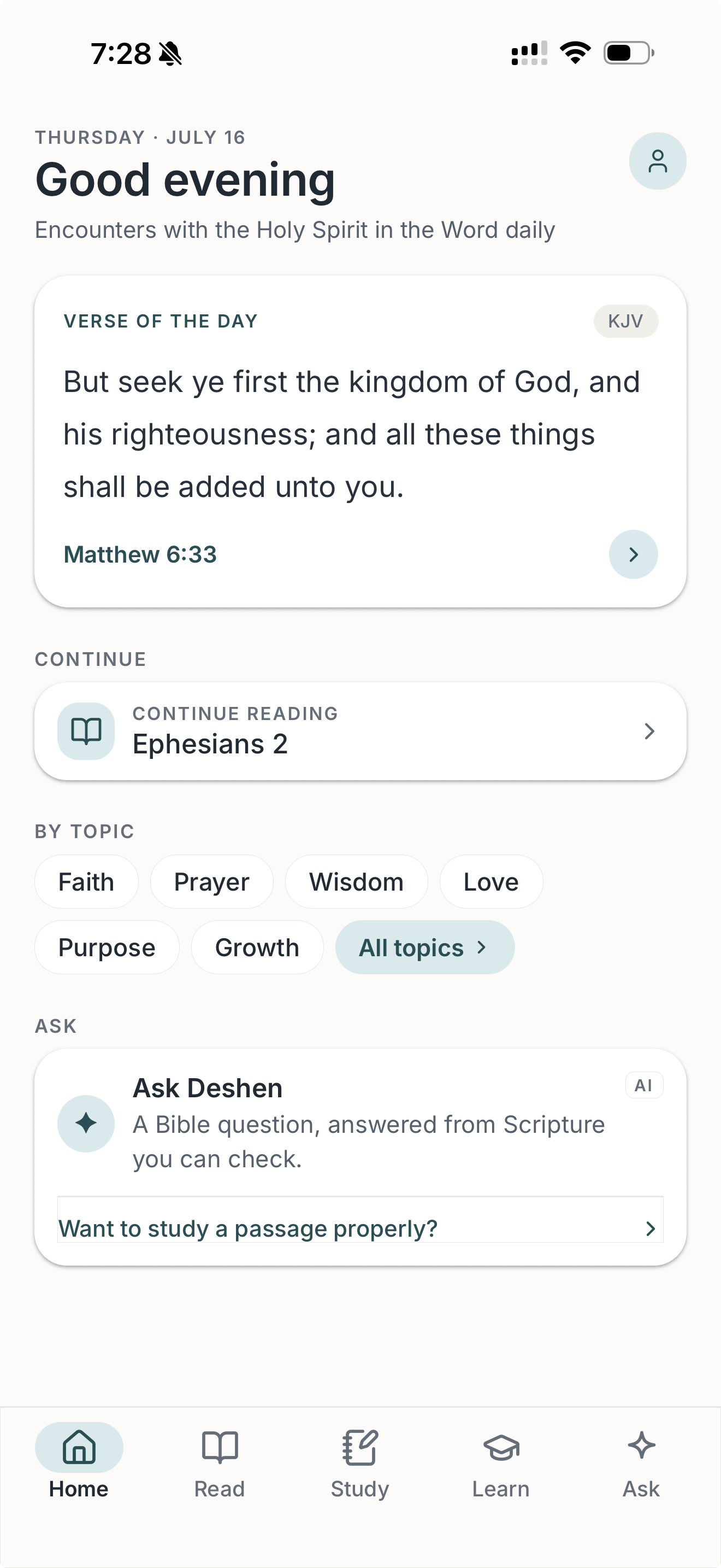 Deshen Home with a daily verse and paths to Read, Study, Learn, and Ask
