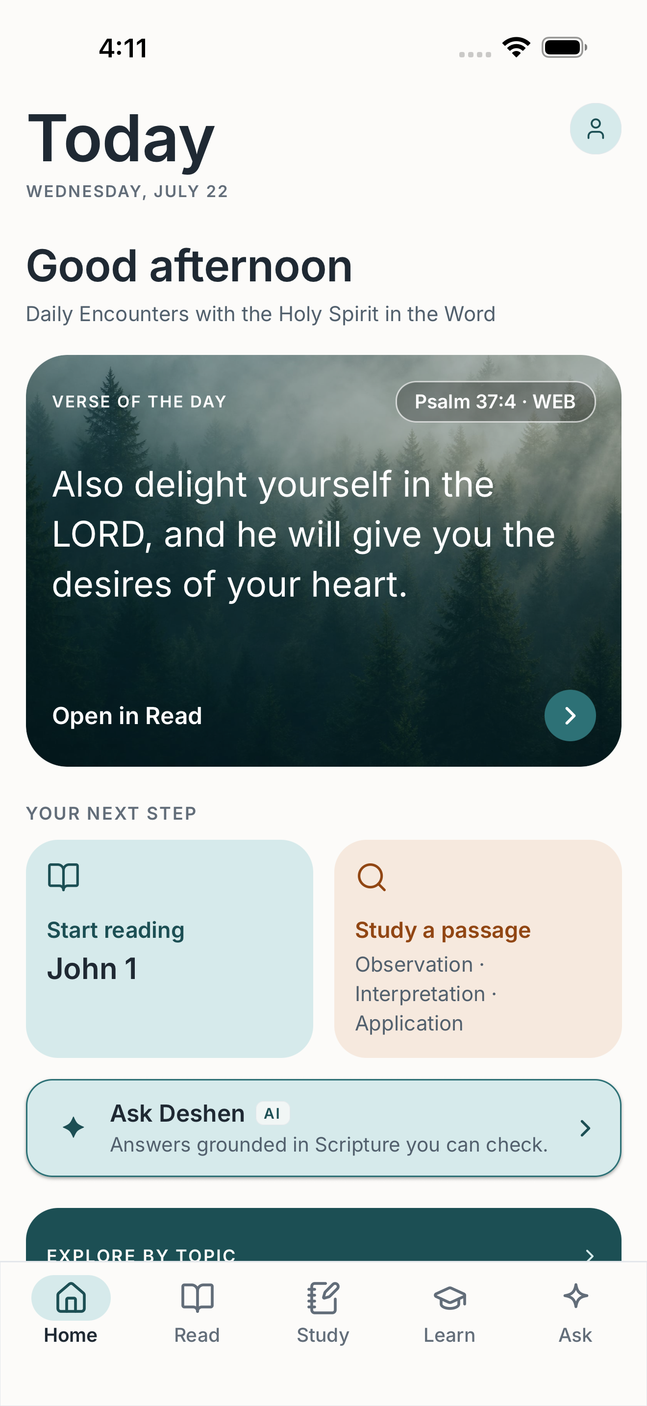 Deshen Home with a daily verse and paths to Read, Study, Learn, and Ask